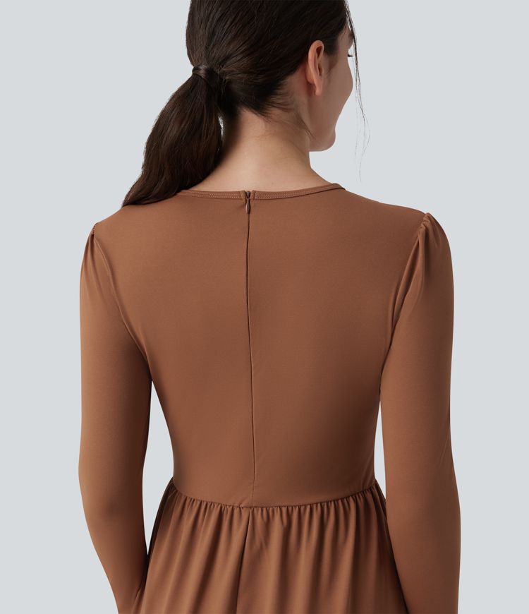 Round Neck Long Sleeve Tiered Hem Midi Work Dress