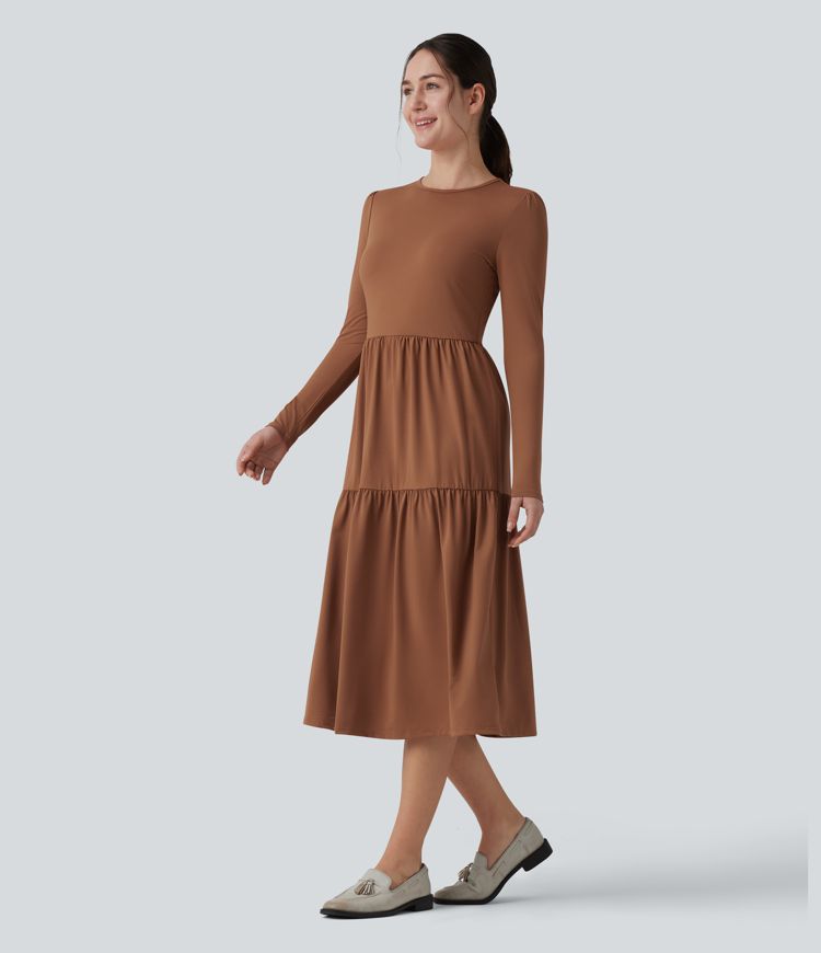 Round Neck Long Sleeve Tiered Hem Midi Work Dress