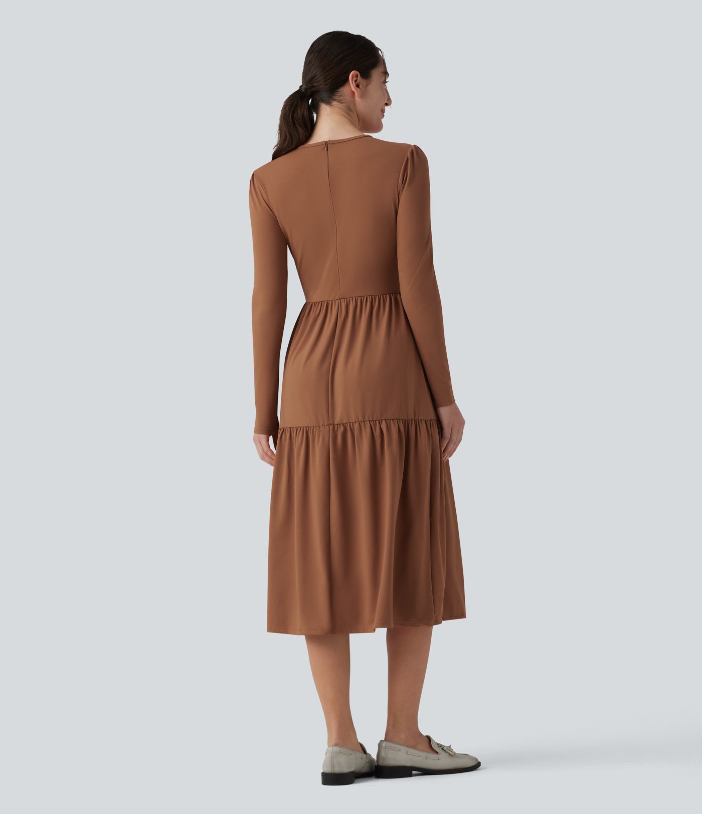 Round Neck Long Sleeve Tiered Hem Midi Work Dress
