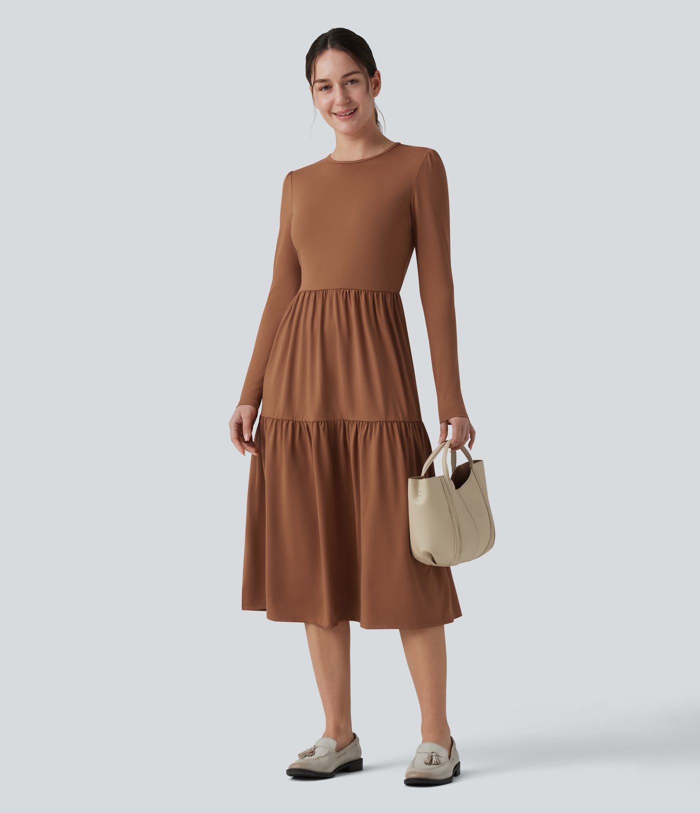 Round Neck Long Sleeve Tiered Hem Midi Work Dress