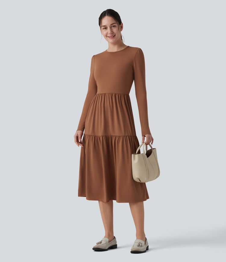Round Neck Long Sleeve Tiered Hem Midi Work Dress