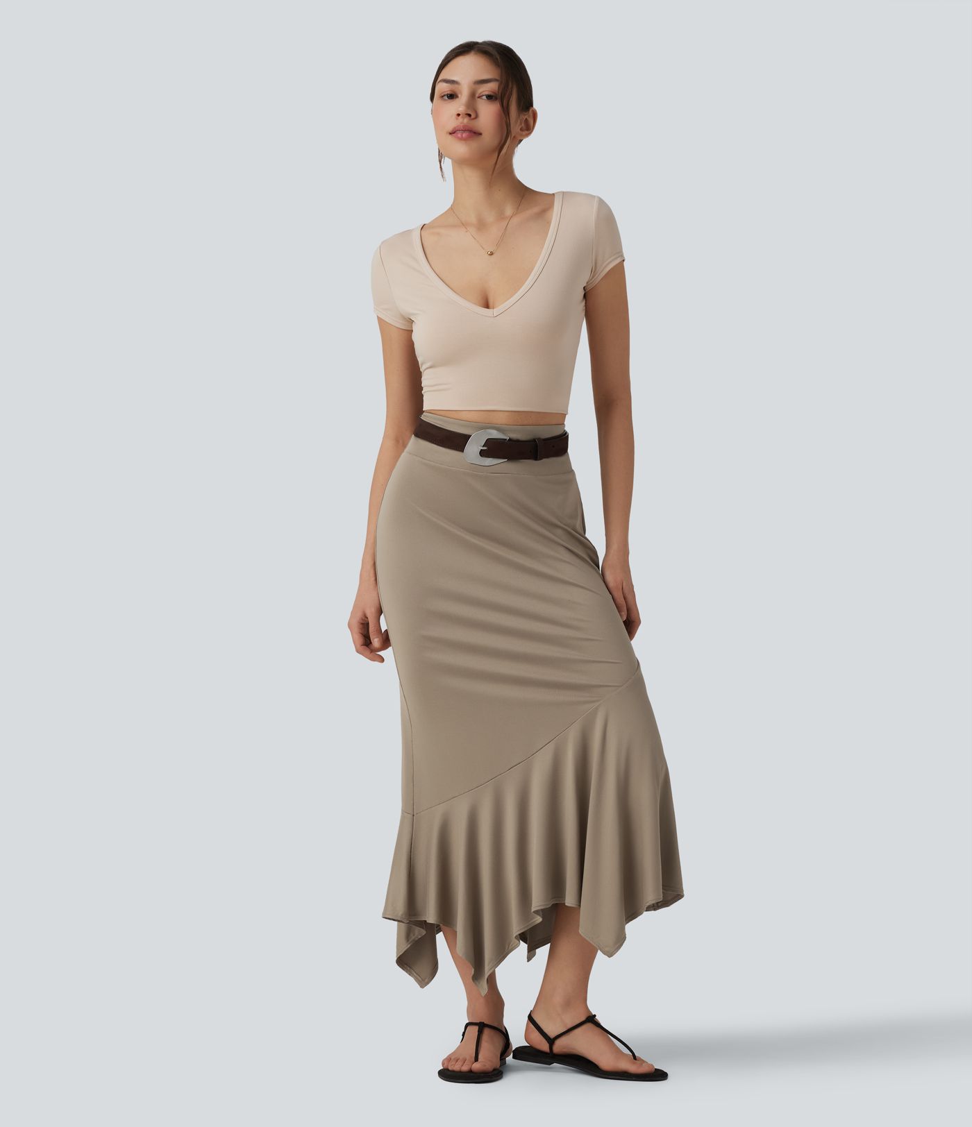 High Waisted Ruffle Hem Bodycon Midi Resort Skirt