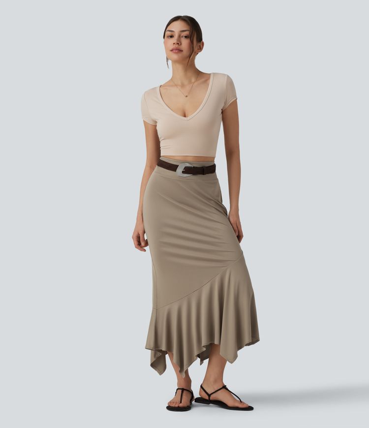 High Waisted Ruffle Hem Bodycon Midi Resort Skirt