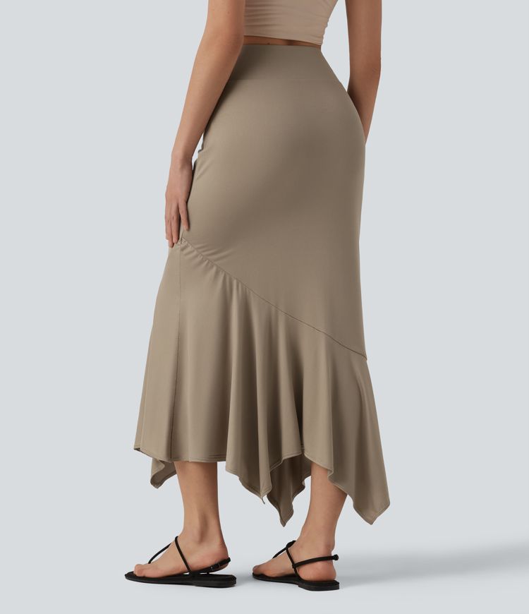 High Waisted Ruffle Hem Bodycon Midi Resort Skirt