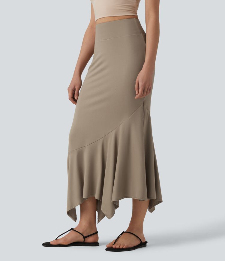 High Waisted Ruffle Hem Bodycon Midi Resort Skirt