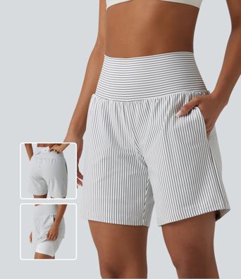 Super High Waisted 2-in-1 Stripe Yoga Shorts 7'' with Pockets