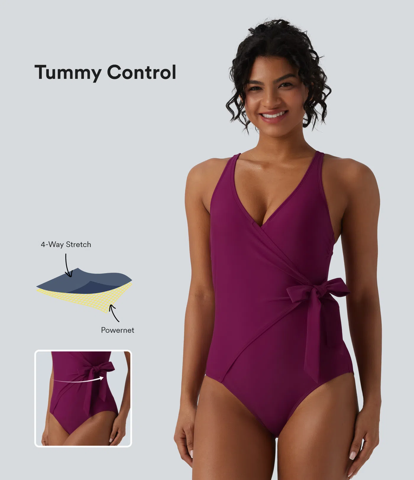 V Neck Tie Side Built-in Bra Tummy Control One Piece Swimsuit