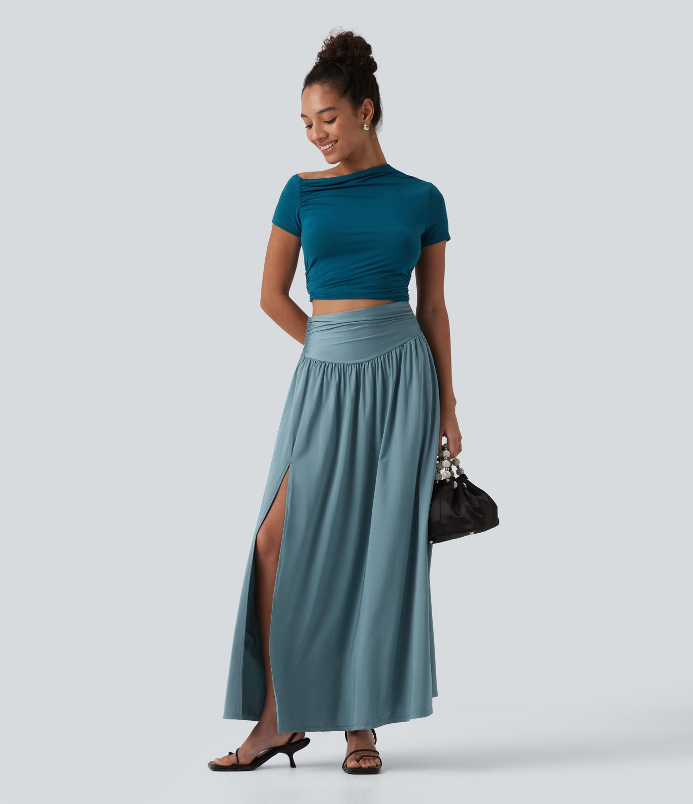 High Waisted Ruched Split 2-in-1 Maxi Cool Touch Party Flowy Skirt with Pockets