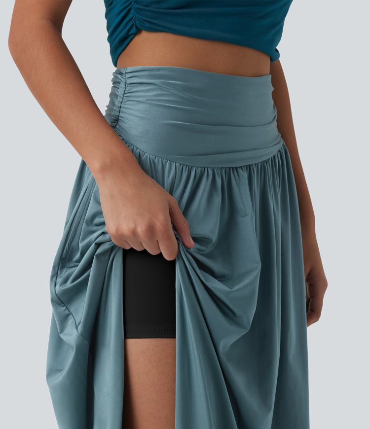 High Waisted Ruched Split 2-in-1 Maxi Cool Touch Party Flowy Skirt with Pockets