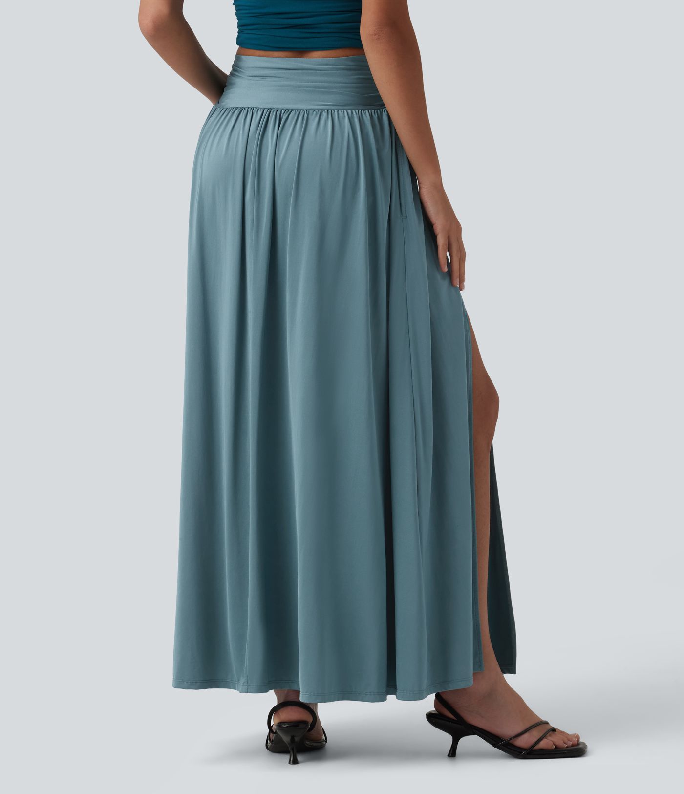 High Waisted Ruched Split 2-in-1 Maxi Cool Touch Party Flowy Skirt with Pockets