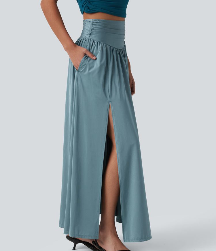 High Waisted Ruched Split 2-in-1 Maxi Cool Touch Party Flowy Skirt with Pockets