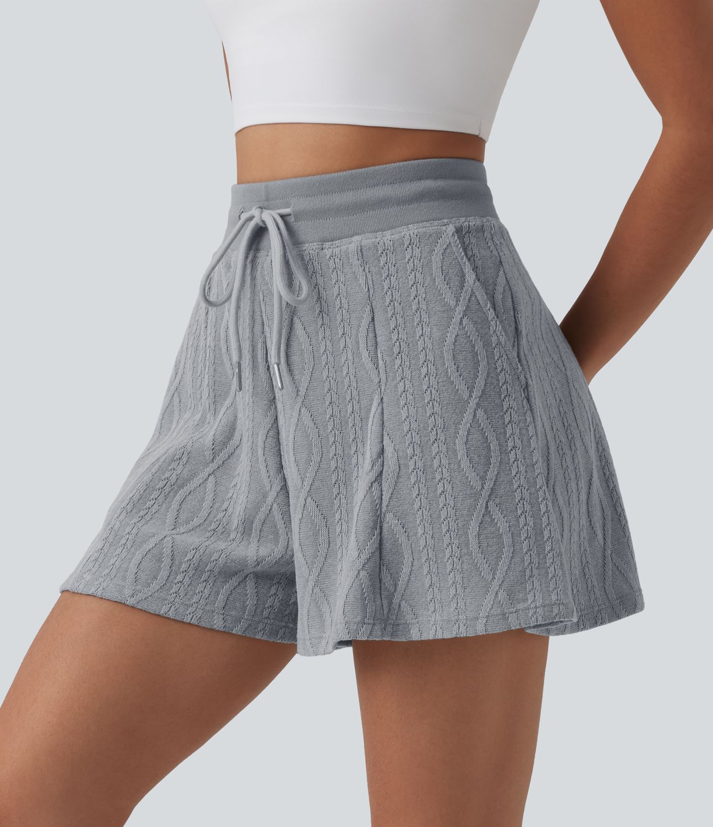 Lässige Strick-Shorts mit hohem Bund, Seitentaschen und Kordelzug - 7,6 cm