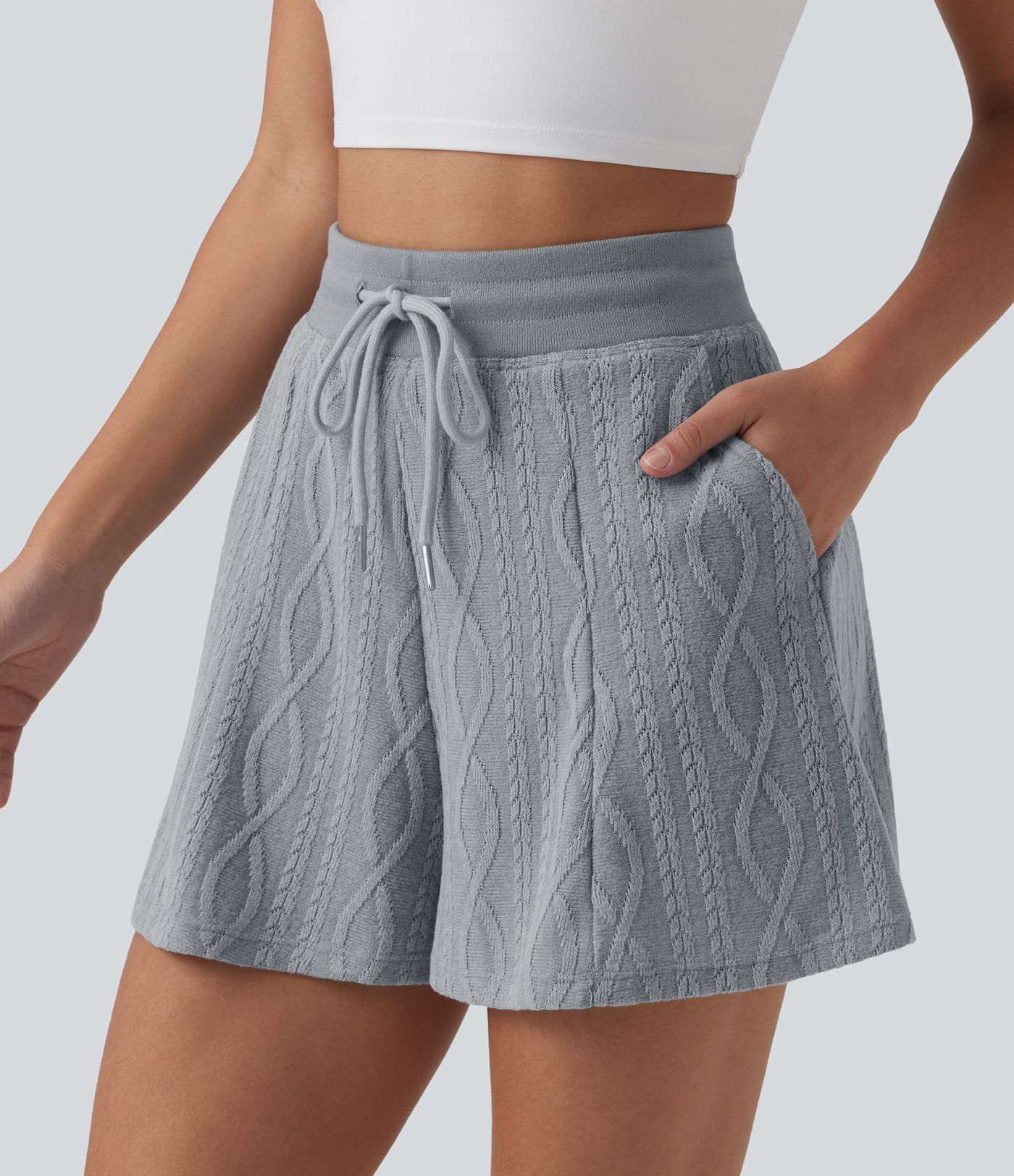 Lässige Strick-Shorts mit hohem Bund, Seitentaschen und Kordelzug - 7,6 cm