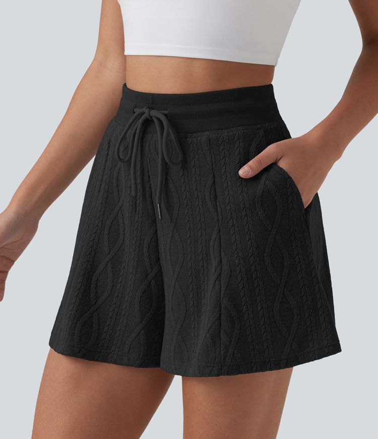 High Waisted Drawstring Sweater Knit Casual Shorts 3'' with Pockets