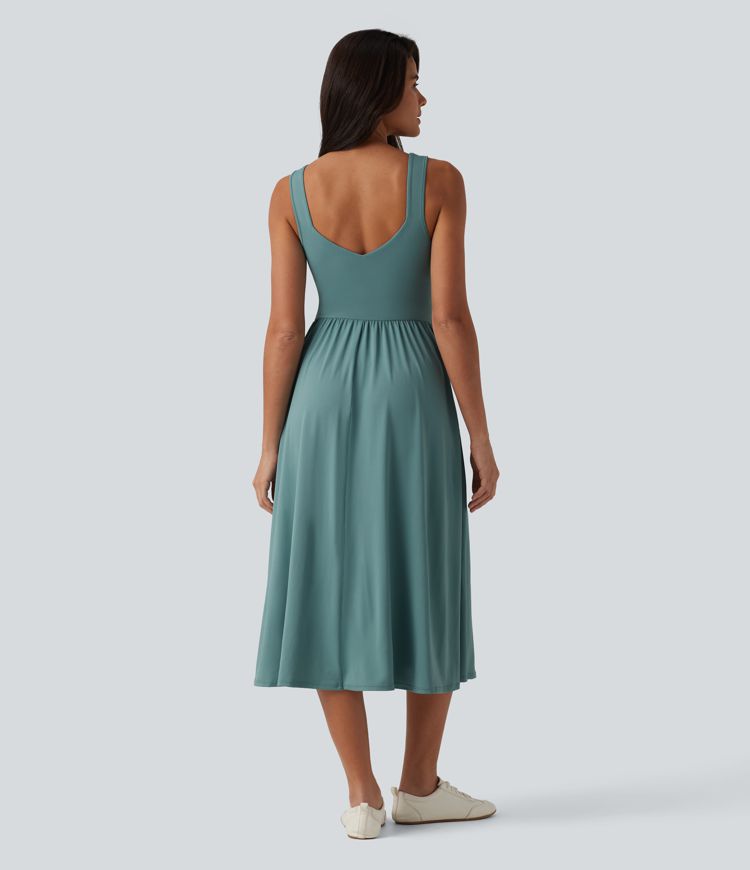 Sleeveless Crossover Flowy Midi Casual Dress with Pockets D-F
