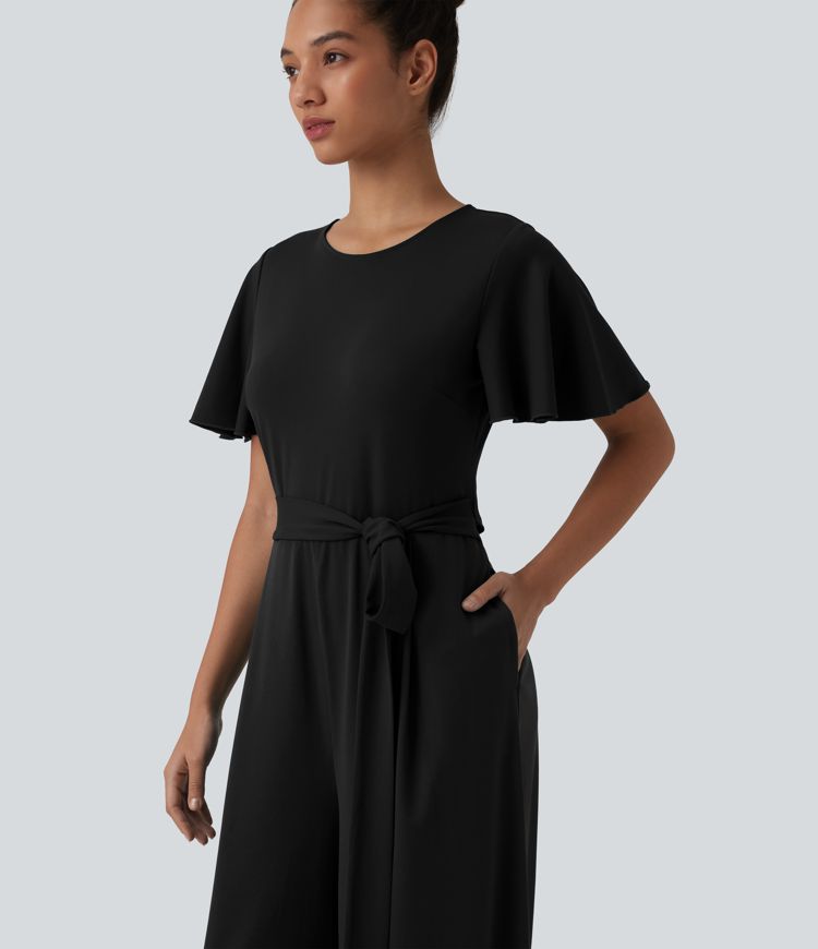 Round Neck Short Sleeve Tie Front Wide Leg Jumpsuit with Pockets-Easy Peezy Edition