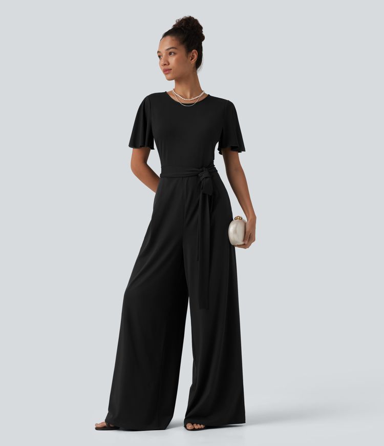 Round Neck Short Sleeve Tie Front Wide Leg Jumpsuit with Pockets-Easy Peezy Edition