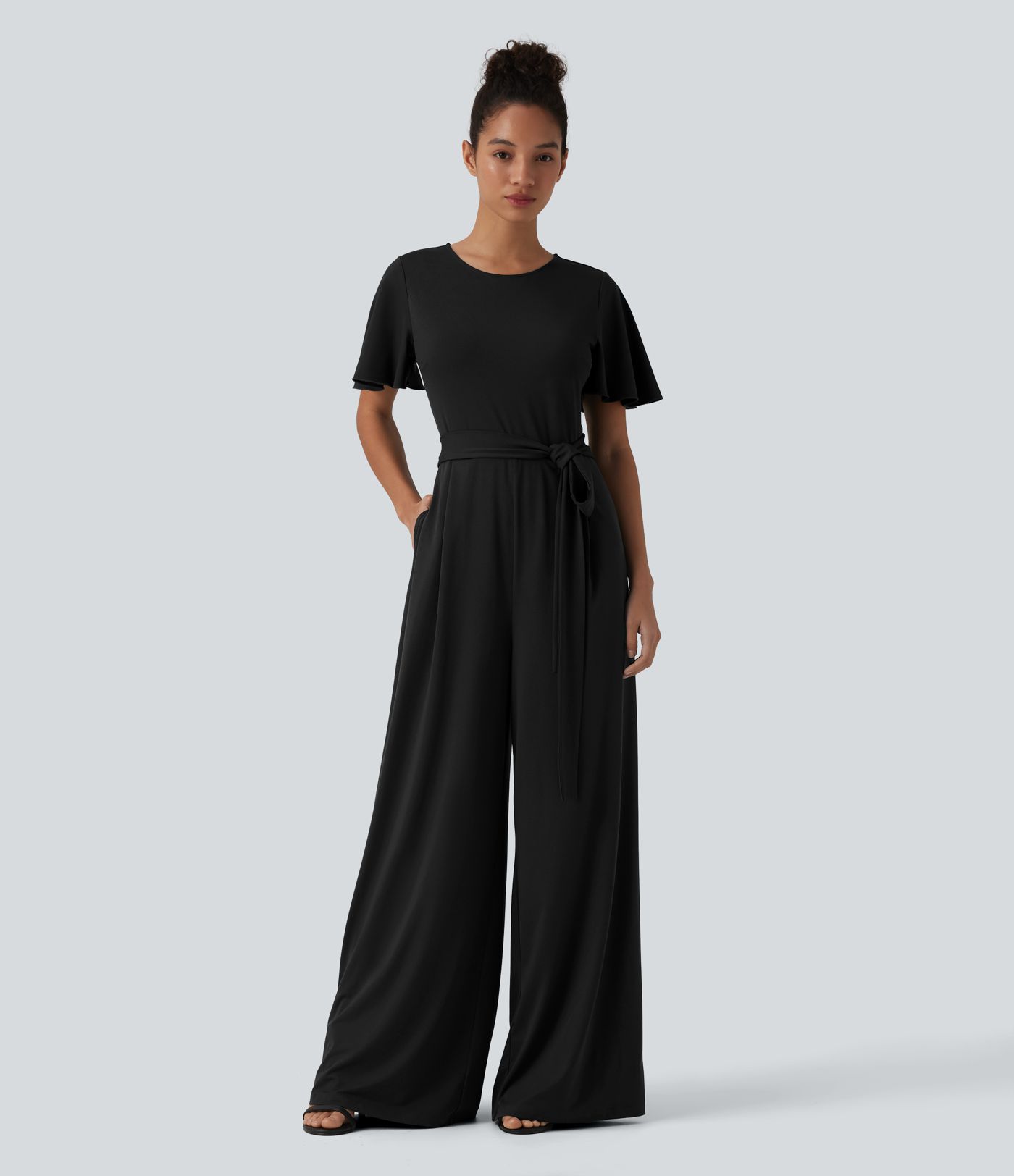 Round Neck Short Sleeve Tie Front Wide Leg Jumpsuit with Pockets-Easy Peezy Edition