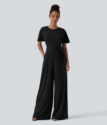 Round Neck Short Sleeve Tie Front Wide Leg Jumpsuit with Pockets-Easy Peezy Edition