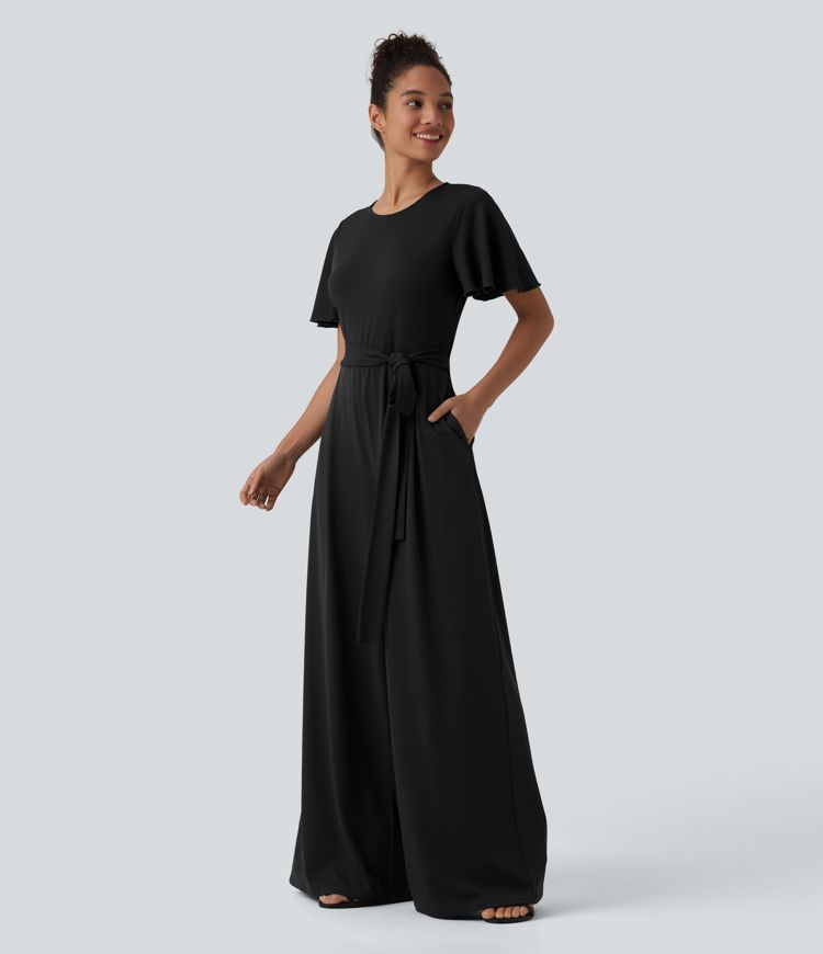 Round Neck Short Sleeve Tie Front Wide Leg Jumpsuit with Pockets-Easy Peezy Edition