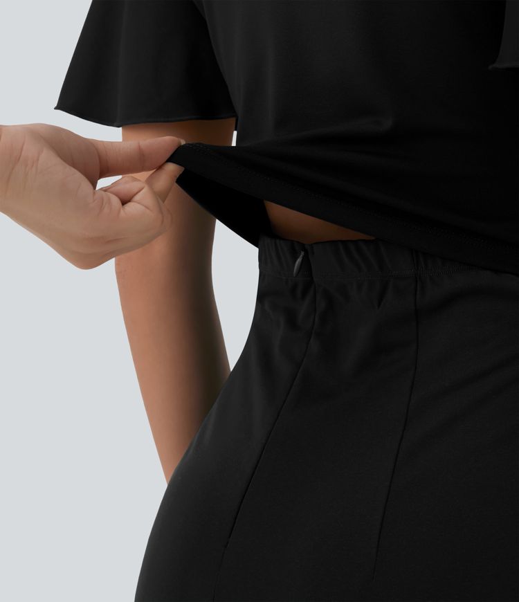 Round Neck Short Sleeve Tie Front Wide Leg Jumpsuit with Pockets-Easy Peezy Edition