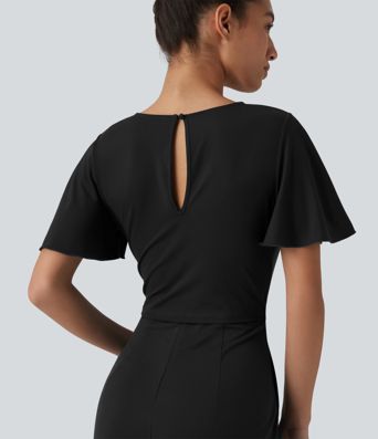 Round Neck Short Sleeve Tie Front Wide Leg Jumpsuit with Pockets-Easy Peezy Edition