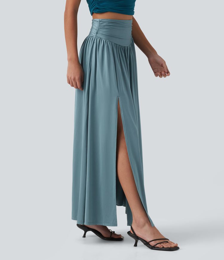 High Waisted Ruched Split 2-in-1 Maxi Cool Touch Party Flowy Skirt with Pockets