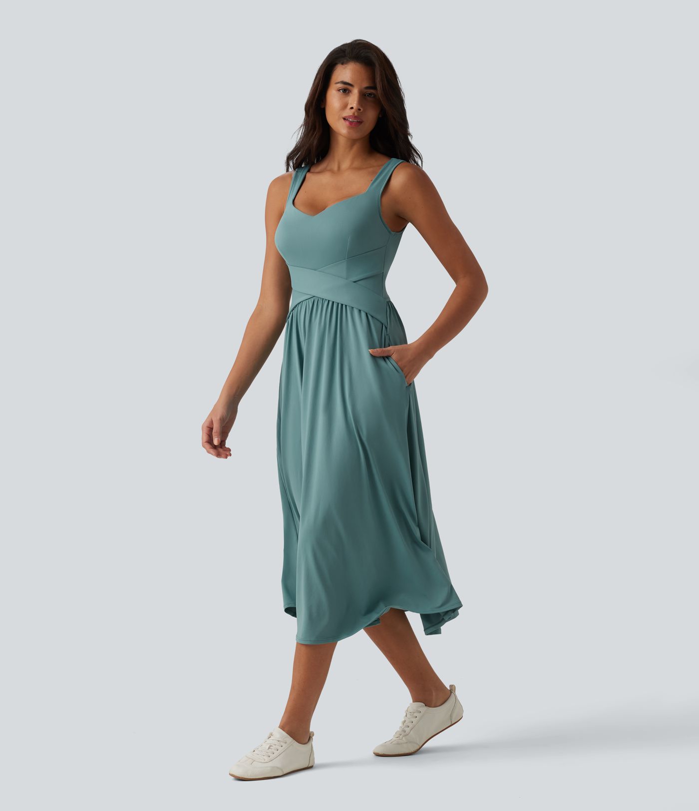 Sleeveless Crossover Flowy Midi Casual Dress with Pockets D-F