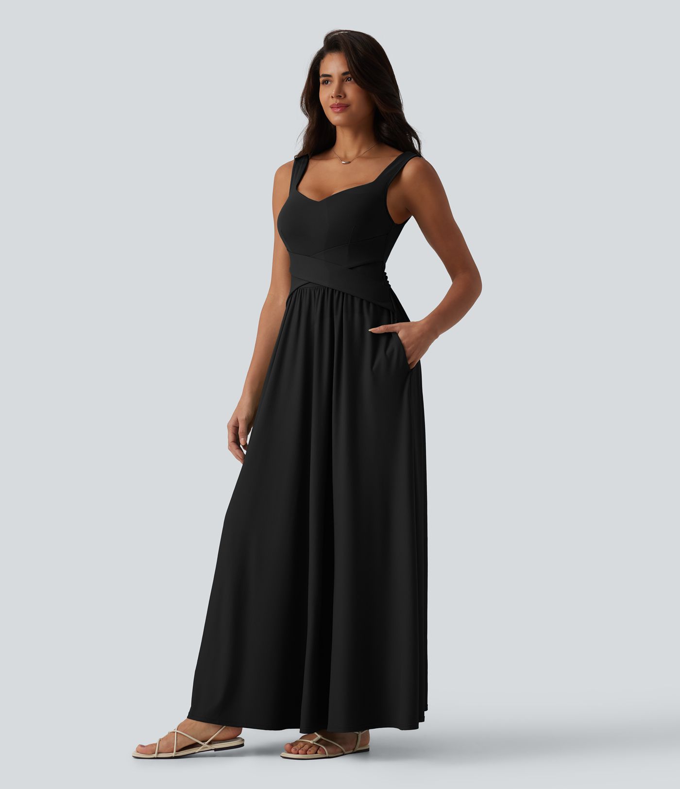 Robe longue fluide sans manches avec brassière intégrée et poches – Bonnets D-F