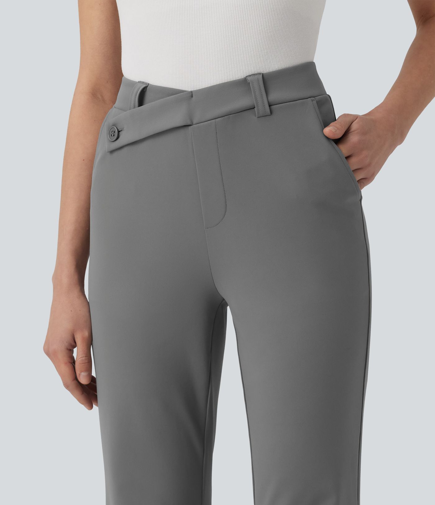 Halara Flex™ asymmetriske, højtaljede arbejdsflarebukser med lommer