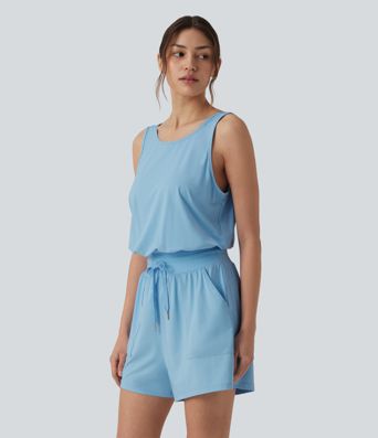Round Neck Cut Out Drawstring Cool Touch Yoga Romper with Pockets-UPF50+