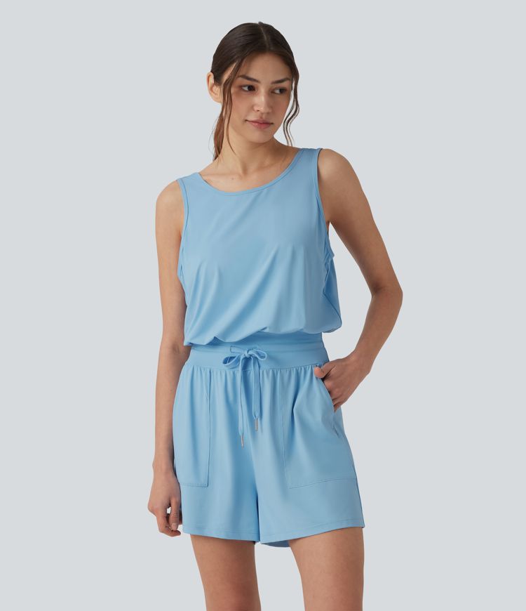 Round Neck Cut Out Drawstring Cool Touch Yoga Romper with Pockets-UPF50+