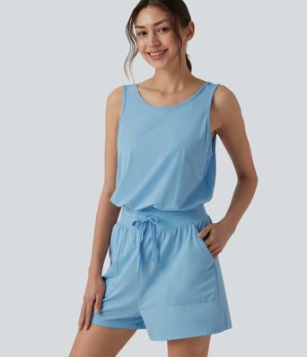 Round Neck Cut Out Drawstring Cool Touch Yoga Romper with Pockets-UPF50+