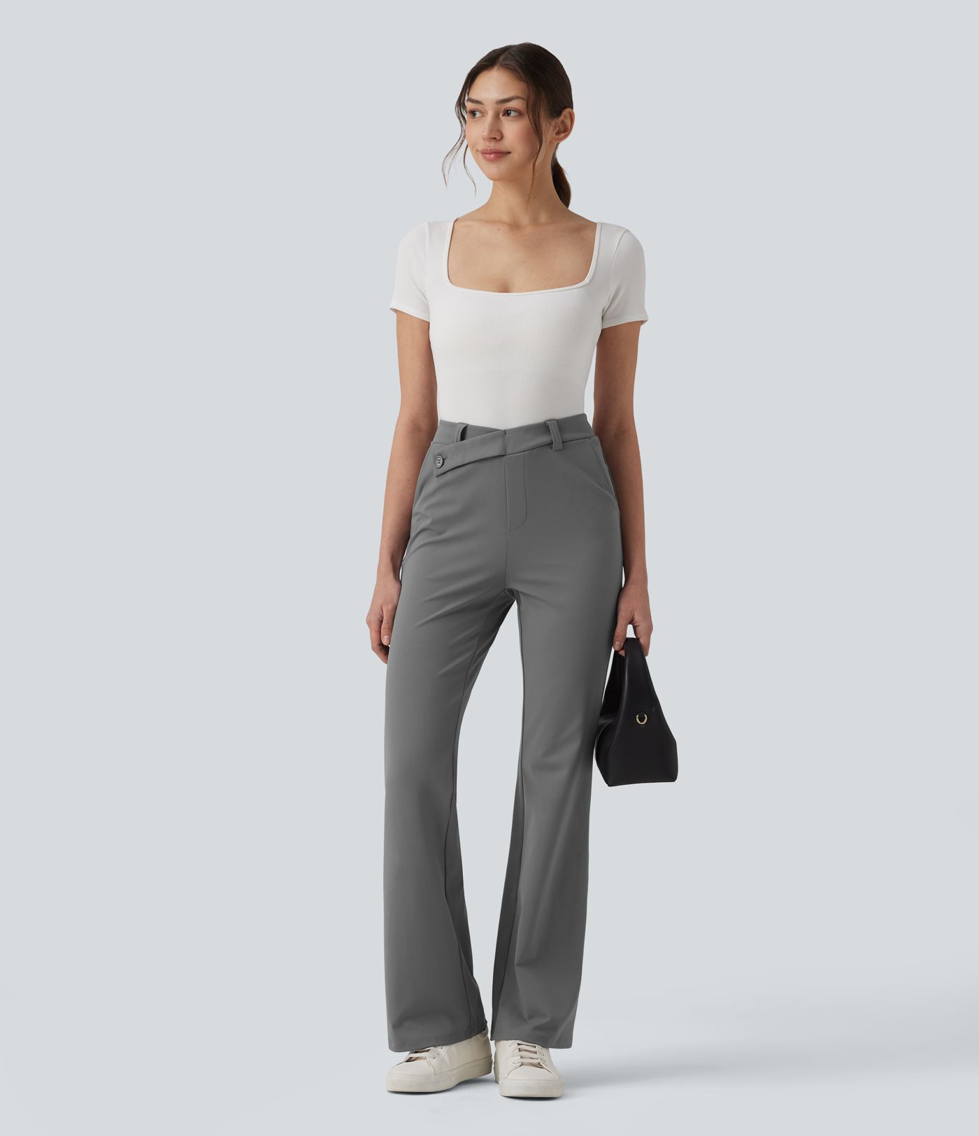 Halara Flex™ asymmetriske, højtaljede arbejdsflarebukser med lommer