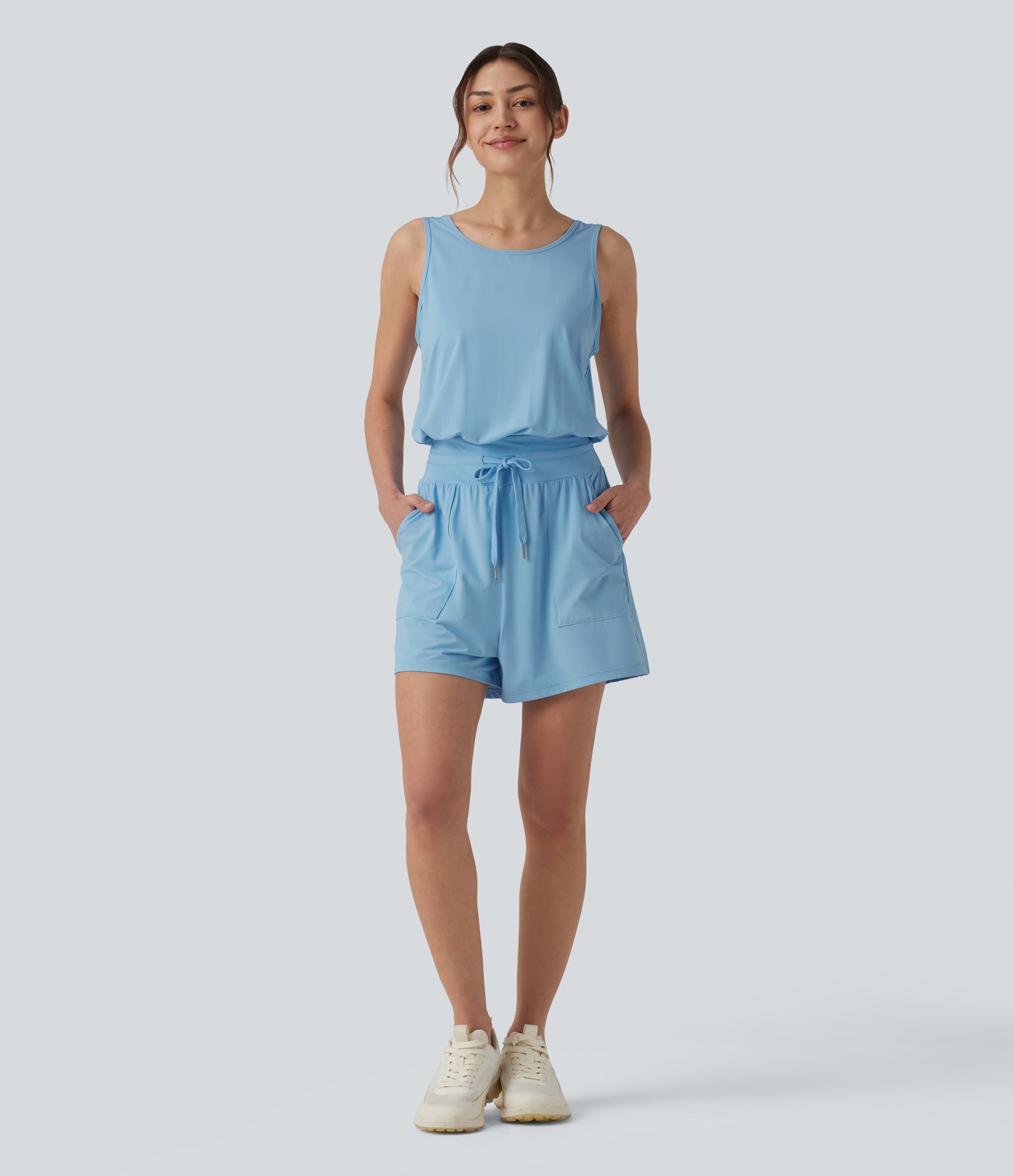 Round Neck Cut Out Drawstring Cool Touch Yoga Romper with Pockets-UPF50+