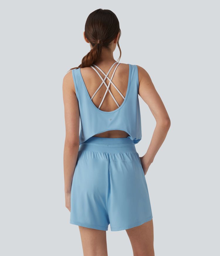 Round Neck Cut Out Drawstring Cool Touch Yoga Romper with Pockets-UPF50+