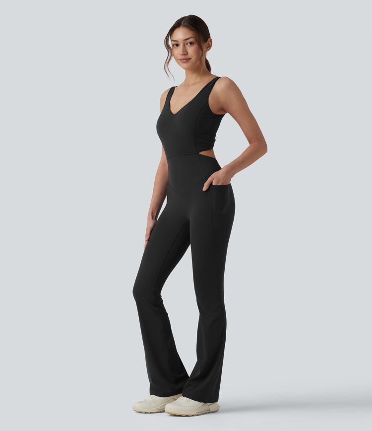 Halara UltraSculpt™ Non-removable pad Tummy Control Flare Workout Jumpsuit with Pockets-Easy Peezy Edition