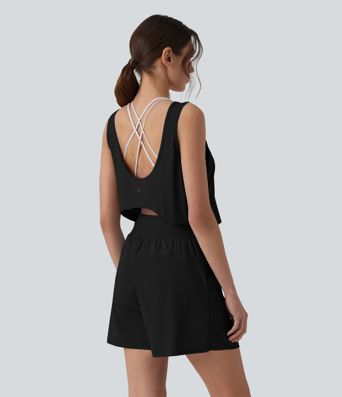 Round Neck Cut Out Drawstring Cool Touch Yoga Romper with Pockets-UPF50+