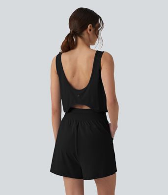 Round Neck Cut Out Drawstring Cool Touch Yoga Romper with Pockets-UPF50+