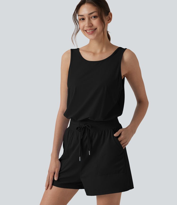 Round Neck Cut Out Drawstring Cool Touch Yoga Romper with Pockets-UPF50+