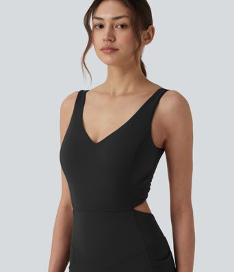 Halara UltraSculpt™ Non-removable pad Tummy Control Flare Workout Jumpsuit with Pockets-Easy Peezy Edition