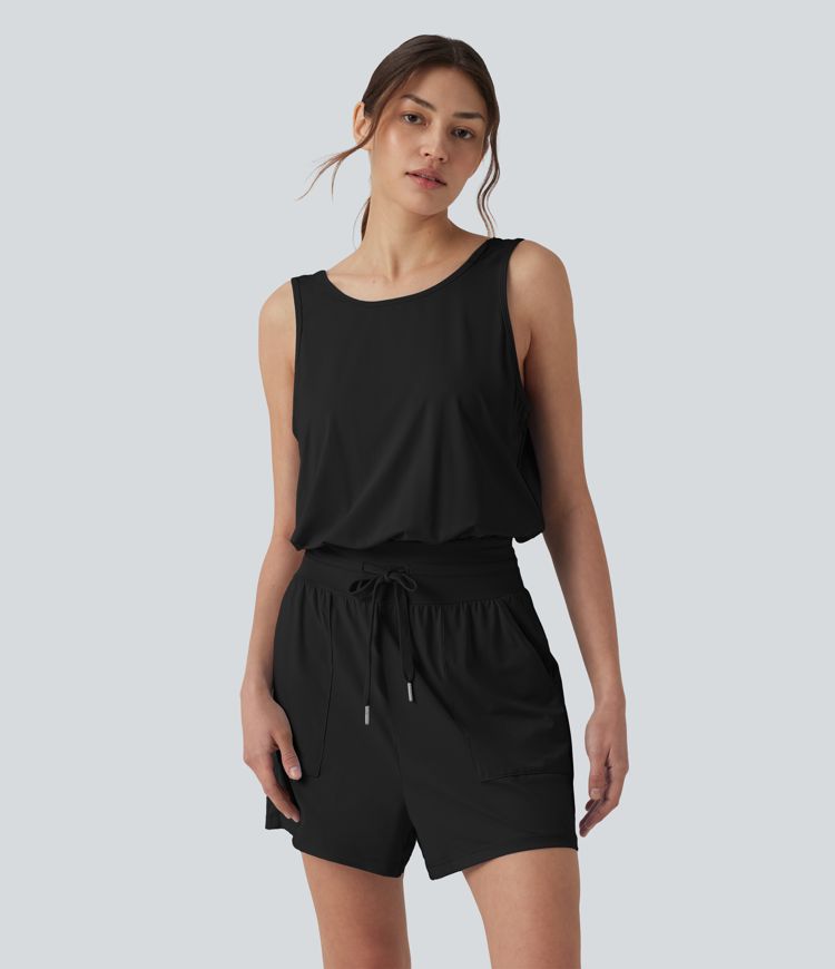 Round Neck Cut Out Drawstring Cool Touch Yoga Romper with Pockets-UPF50+