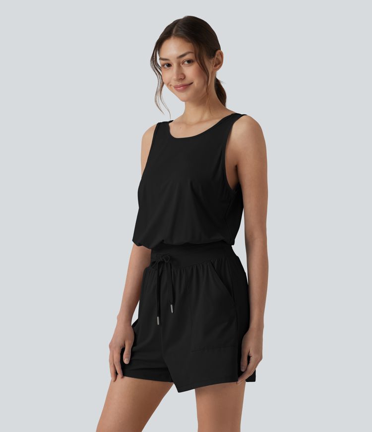 Round Neck Cut Out Drawstring Cool Touch Yoga Romper with Pockets-UPF50+