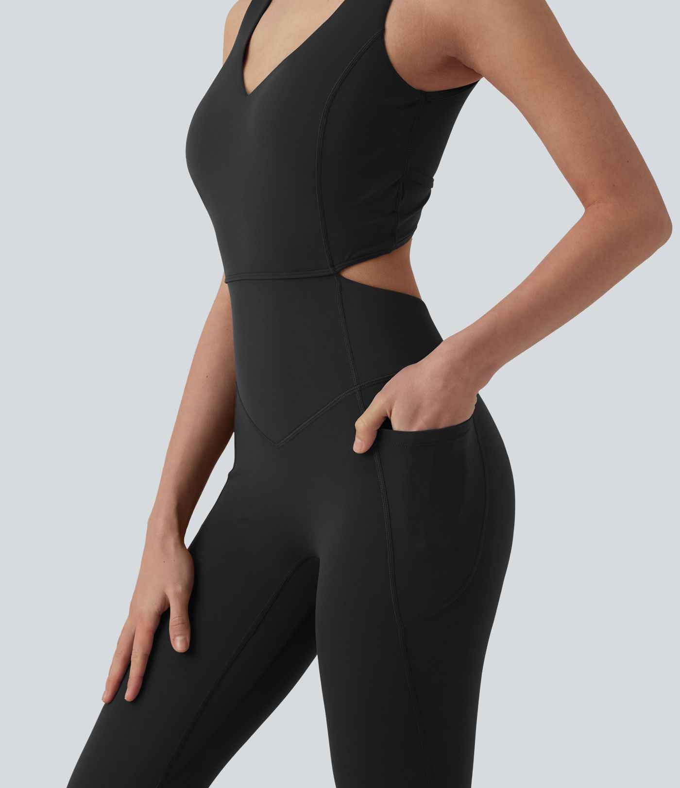 Halara UltraSculpt™ Non-removable pad Tummy Control Flare Workout Jumpsuit with Pockets-Easy Peezy Edition