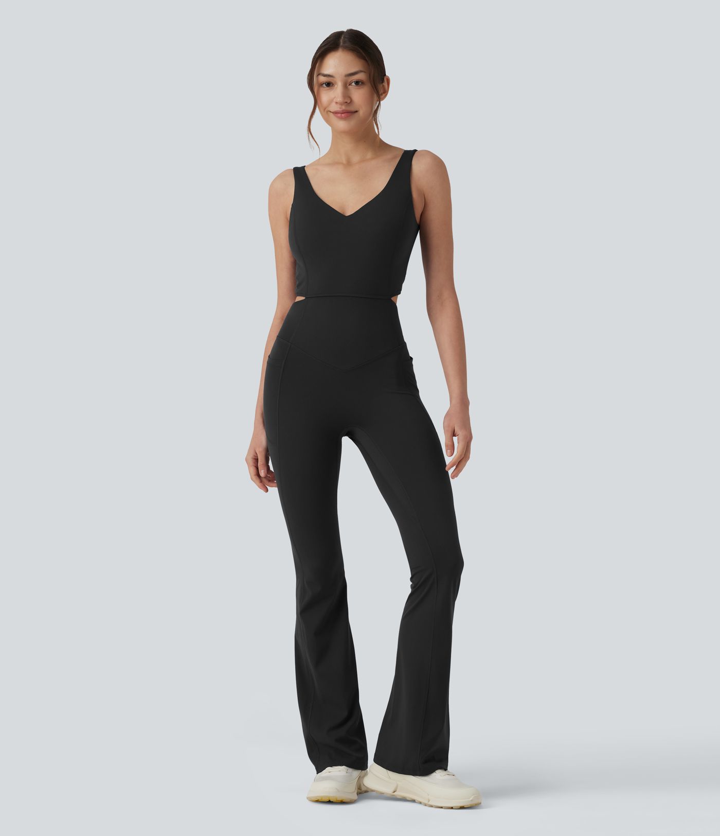 Halara UltraSculpt™ Non-removable pad Tummy Control Flare Workout Jumpsuit with Pockets-Easy Peezy Edition