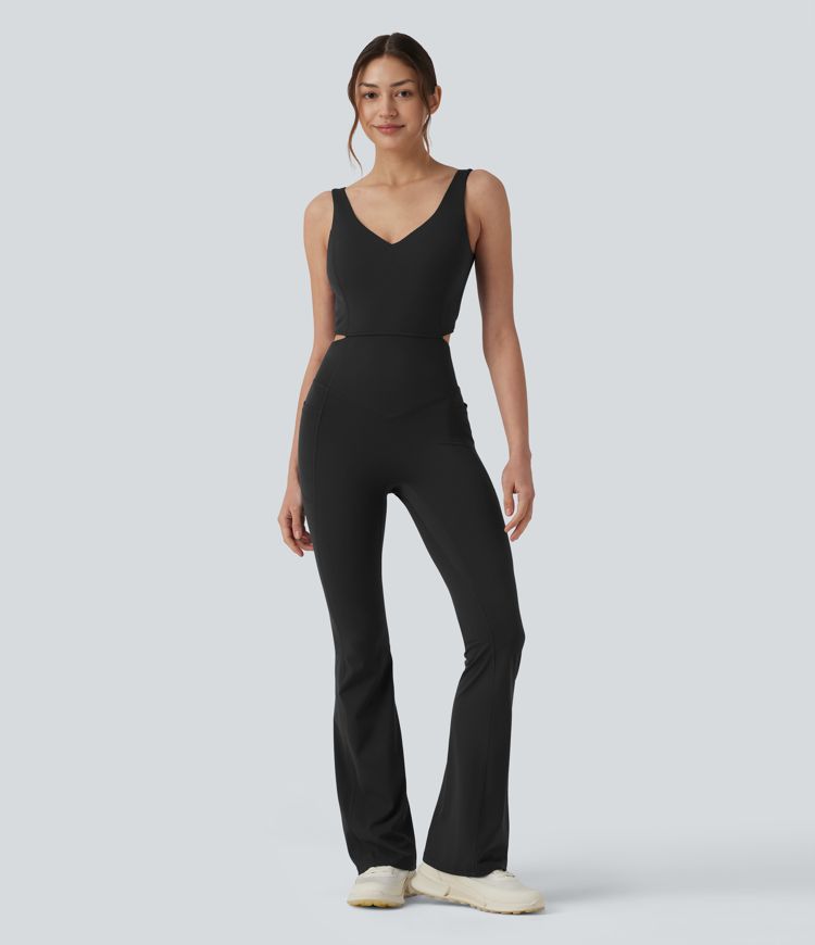 Halara UltraSculpt™ Non-removable pad Tummy Control Flare Workout Jumpsuit with Pockets-Easy Peezy Edition