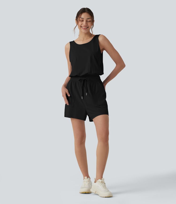 Round Neck Cut Out Drawstring Cool Touch Yoga Romper with Pockets-UPF50+