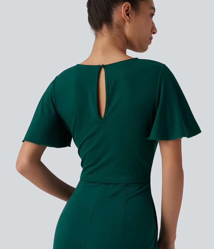 Jumpsuit mit Rundhalsausschnitt, Seitentaschen, kurzen Ärmeln, weitem Bein und Bindeband vorne - Easy Peezy Edition