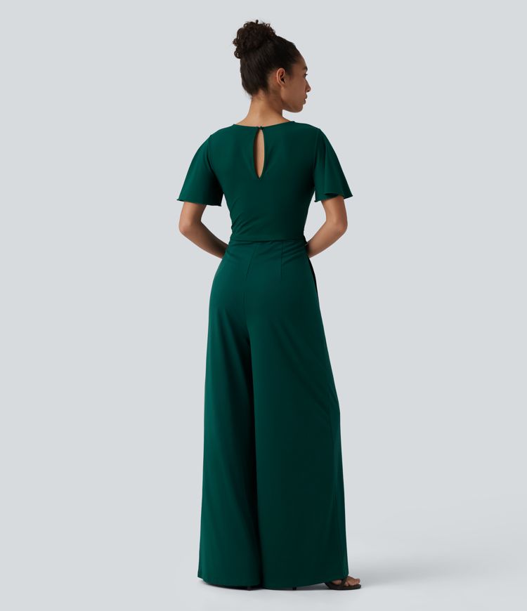 Jumpsuit mit Rundhalsausschnitt, Seitentaschen, kurzen Ärmeln, weitem Bein und Bindeband vorne - Easy Peezy Edition