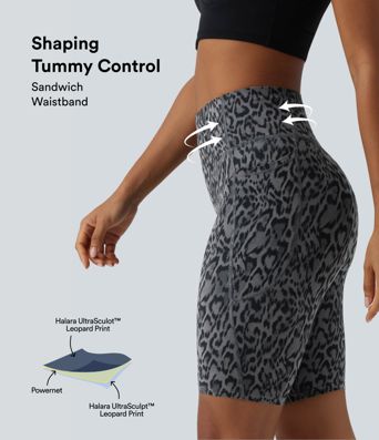 Halara UltraSculpt™ Leopard Print High Waisted Tummy Control Training Bike Running Shorts 9'' with Pockets